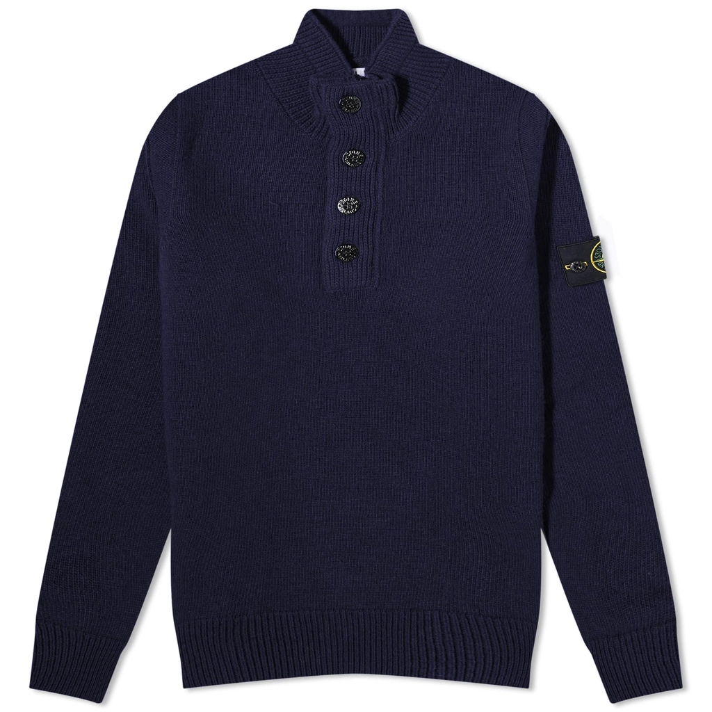 Stone Island Men's Stand Collar Button Neck Knit Navy Blue